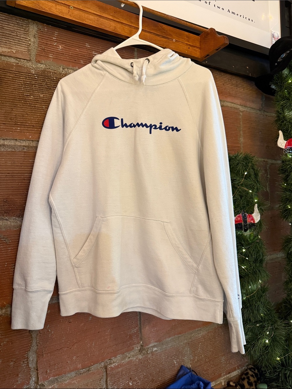 Champion Men's Cream Crewneck Hoodie with Navy Logo